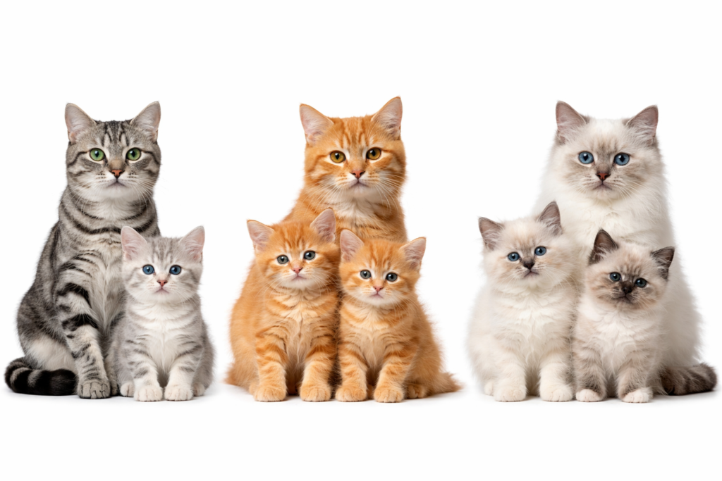High-quality image of various cats and playful kittens, showcasing their soft fur and curious expressions